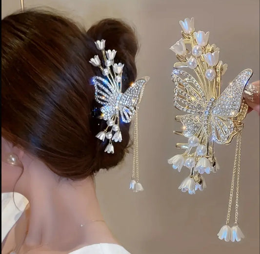 Floral Rhinestone Butterfly Grab Clip